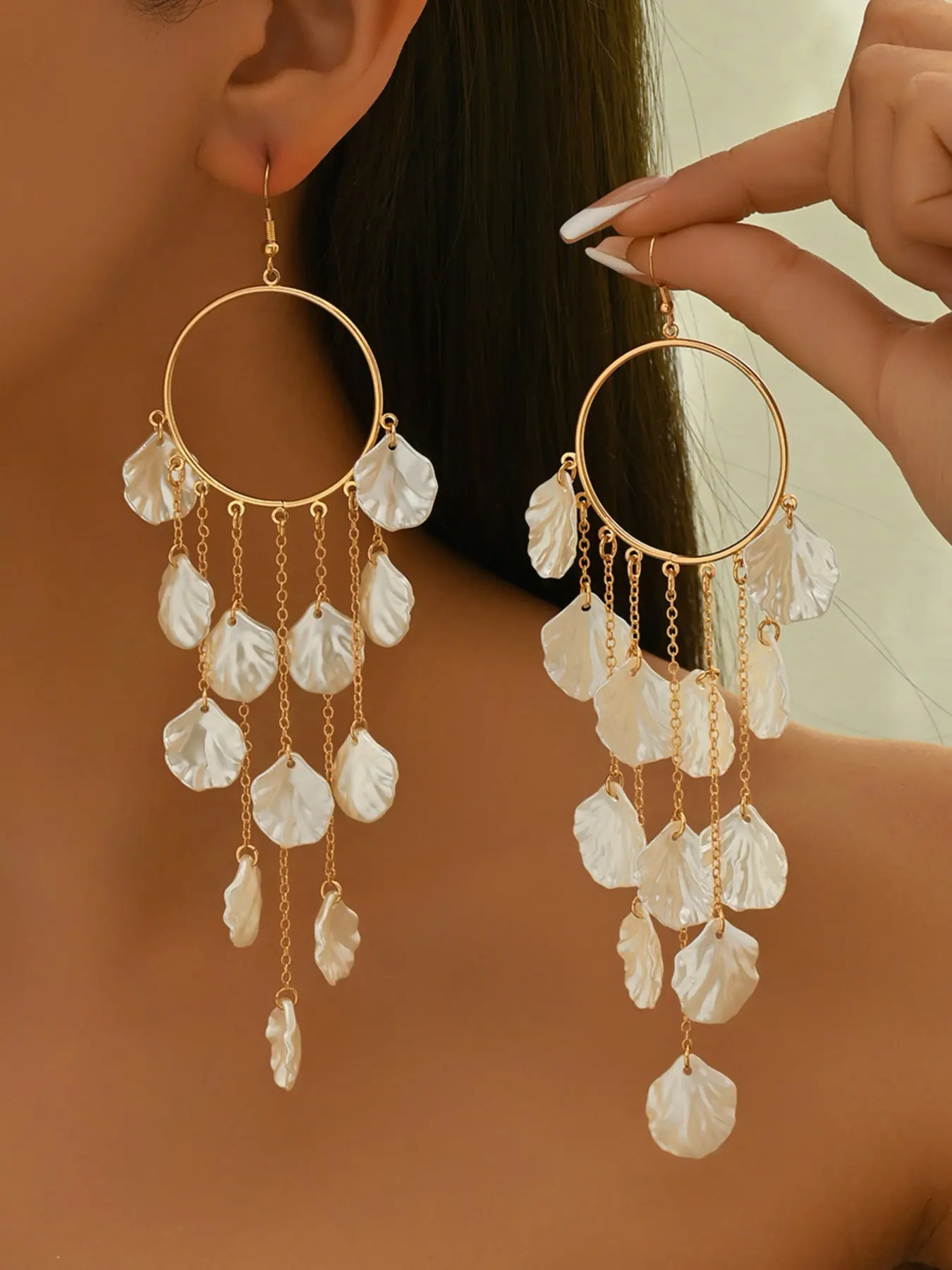 Women's Dangle Earrings, Trendy Jewelry, Vintage Summer Ocean Style, Geometric Design, Unique Geometric Shape, Faux Shell Material, Perfect Gift for Parties & Weddings, Long Tassel, Ocean Vibes Dangles