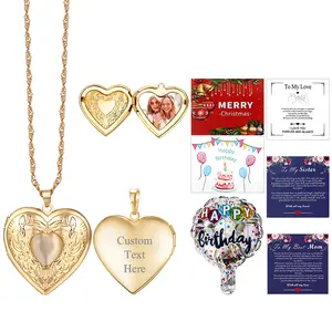 OIDEA Gold Tone Heart Locket Necklace for Women Personalized Photo Pendant with Cards, Custom Engraved Necklaces, Engraved Heart-Shaped Necklaces
