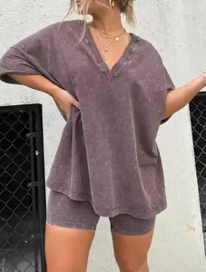 Women Washed 2 Piece SetLounge Set Oversized TopsBiker Shorts V Neck Drop