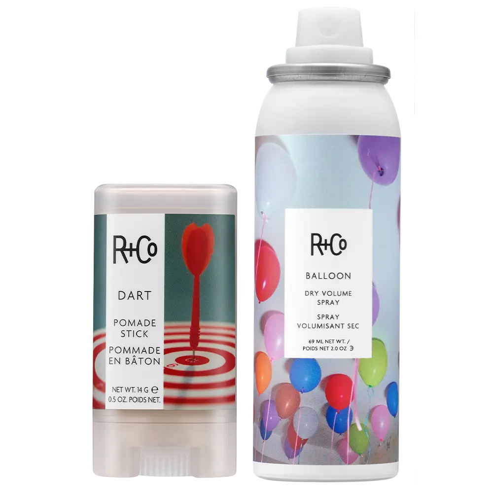 R+Co DART + Balloon Travel Bundle - DART Pomade Stick & BALLOON Dry Volume Spray for Smooth Flyaways & Weightless Volume