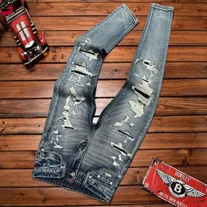 2025 Men’s Fall Slim Fit Skinny Ripped Patch Scraped Denim Pants for Street Style