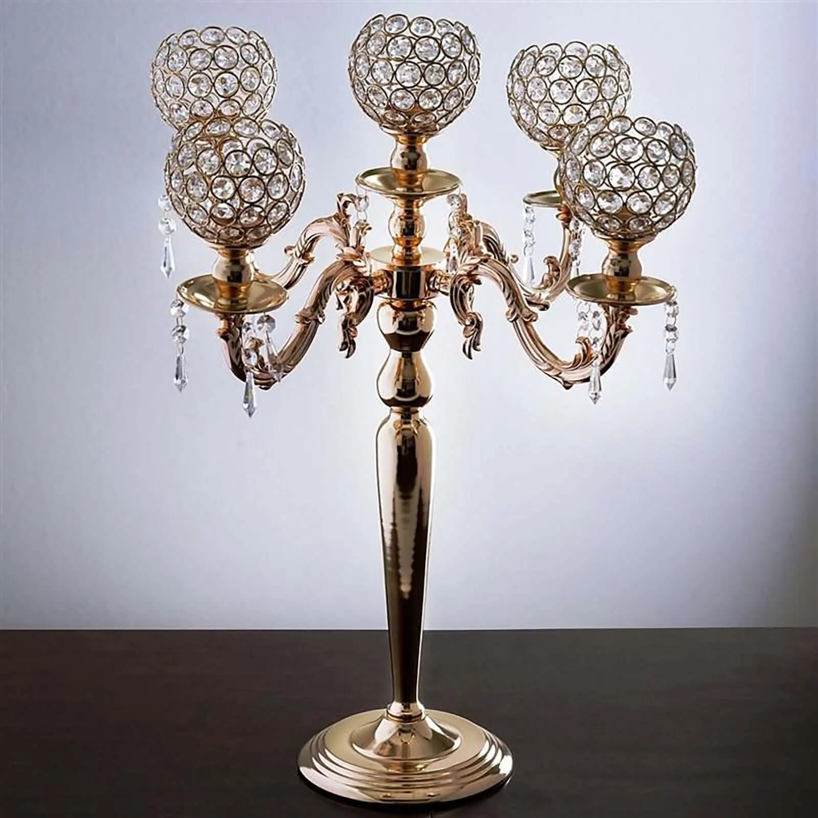 Golden 5-Arm Crystal Beaded Globe Candelabra - 25" Ornate Tea Light Candle Holder, Indoor Room Decor Table Centerpiece for Weddings, Home Gatherings, Gold Decorations Candleholder