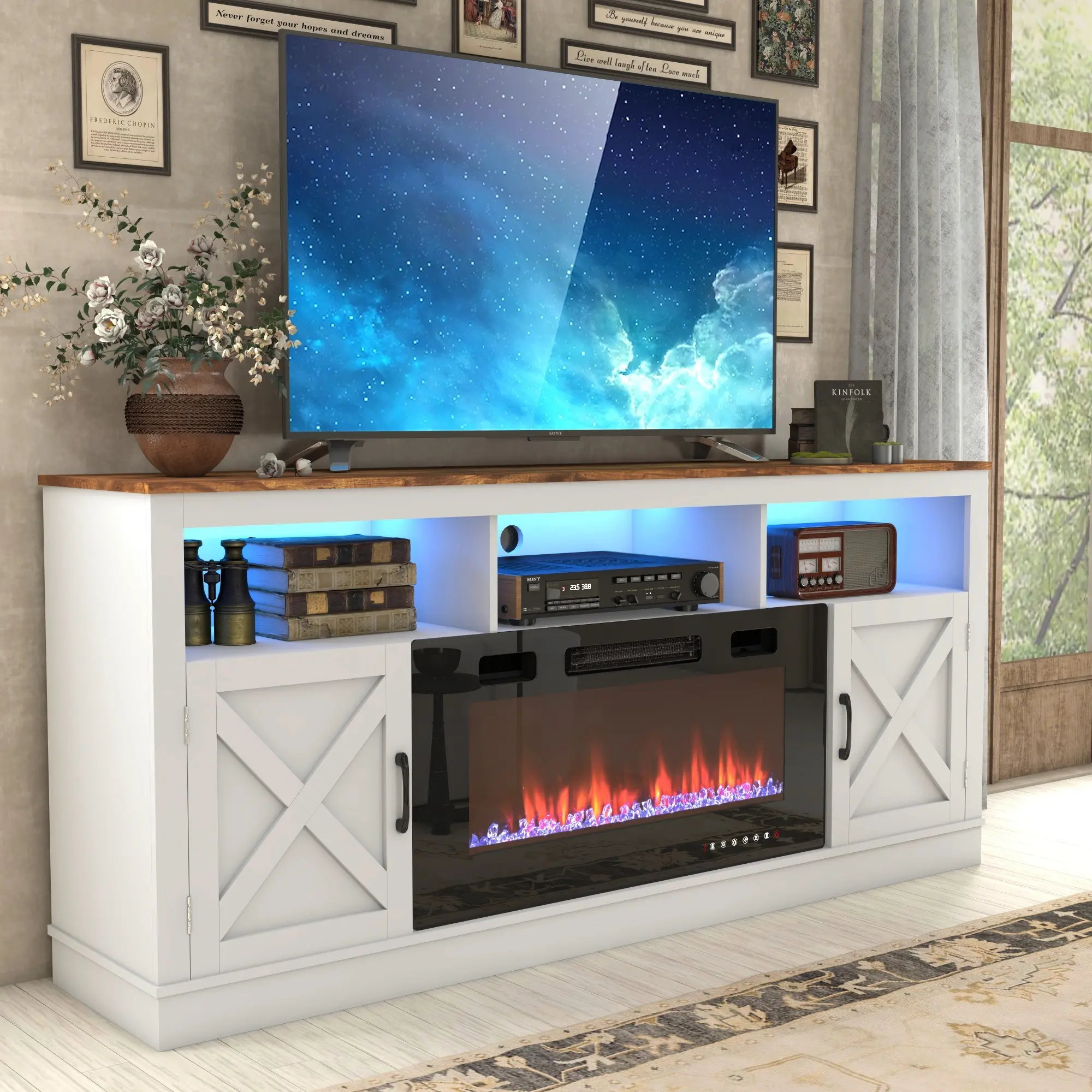 【2Packages Shipping】Farmhouse Fireplace TV Stand for 70/75/80/95 Inch TV, 70”/83" Entertainment Center with 36”/50”Electric Fireplace, Media Console Cabinet with Barn Door & LED Light for Living Room, White/Grey/Brown/Rustic Brown/Black/Dark Rustic Oak