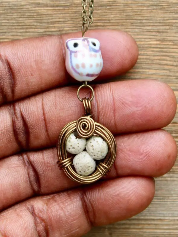 Beige Owl Necklace, Diffuser Necklace, Bird's Nest Necklace, Lava Bead Necklace, Aromatherapy Necklace, Gift For Mom.