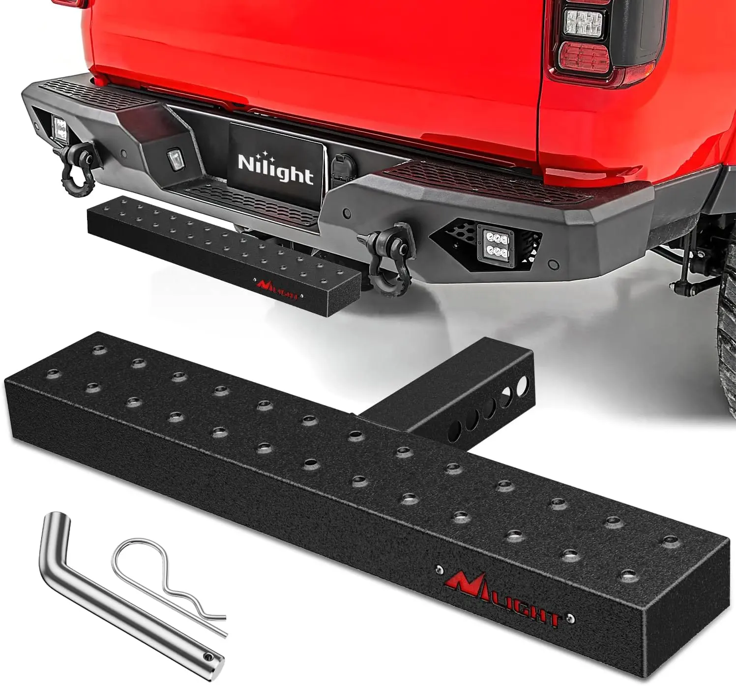 Nilight Rear Bumper Guard Protector Hitch Step Bar - 2" Receiver, 23.5in Textured Black Anti-Slip Grip, 1x 5/8” Hitch Pin & Clip, Mount Holes Adjustable, Universal Automotive Vehicle Accessories for Pickup Trucks, SUVs
