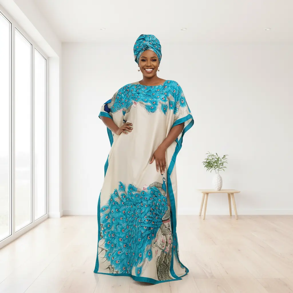 Women's Casual Elegant Peacock Print Polyester Knit Kaftan Maxi Dress, Loose Cut Lets You Move With Ease, Party Wear With Hair Wrap