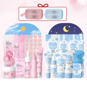 Laikou Skincare Set, Moisturizing Hydrating Kit, Sakura & Milk Collection, Eye Cream, Hand Cream, Sunscreen, Lip Balm, Serum, Hair Mask, Soap Bar, Mud Pack