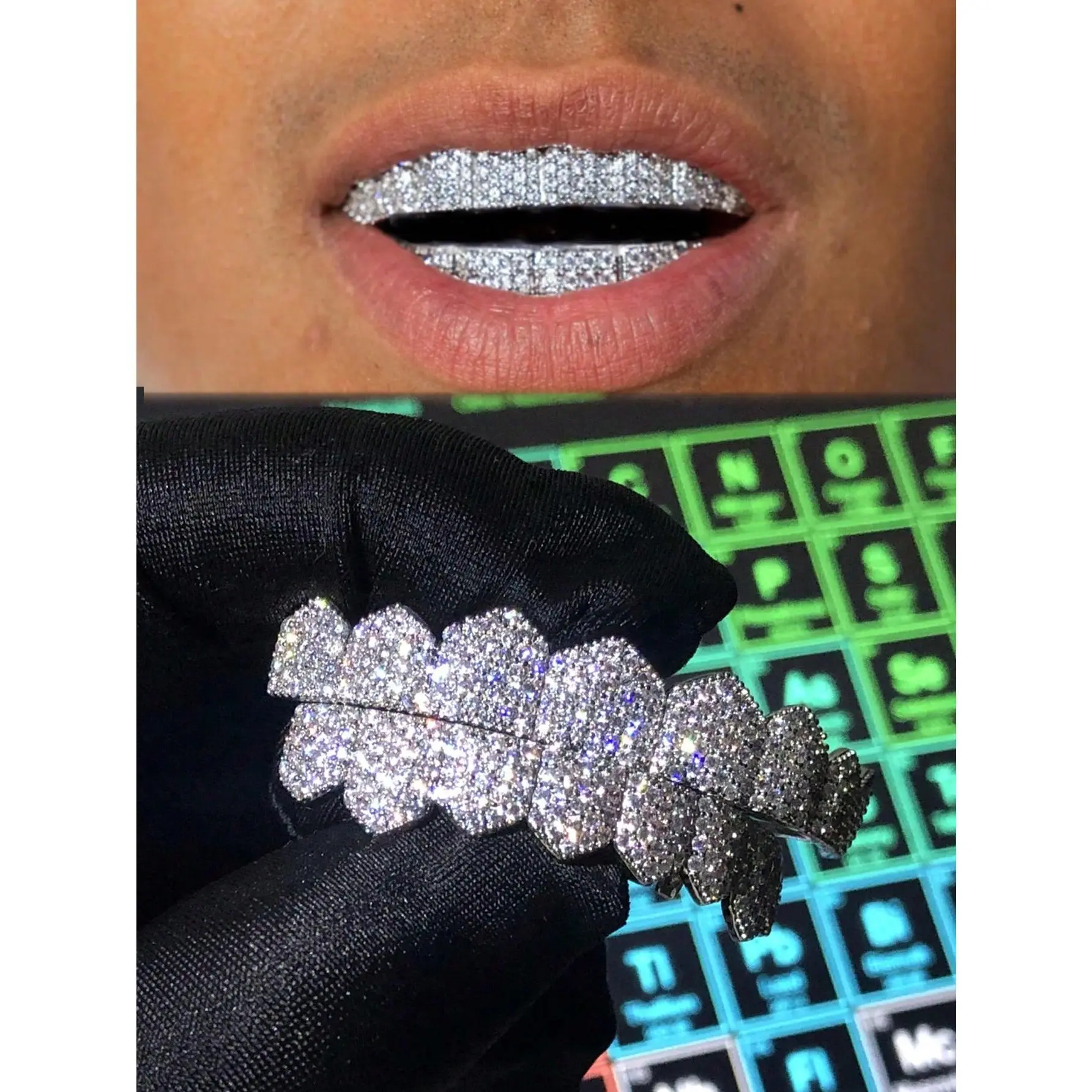 Hip Hop Grillz Set, 16-Piece 8 Top & 8 Bottom Unisex Teeth Jewelry with Multicolor Cubic Zirconia, Gold Glitter or Silver High-Shine Finish for Parties & Halloween, Halloween Aesthetic, Party-Ready, Top & Bottom Teeth, 16 Pieces