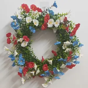 Blue Morning Glory Wreath for 4th of July, Artificial Flower Independence Day Wreath, Patriotic Memorial Day Decoration, Outdoor Floral Decor