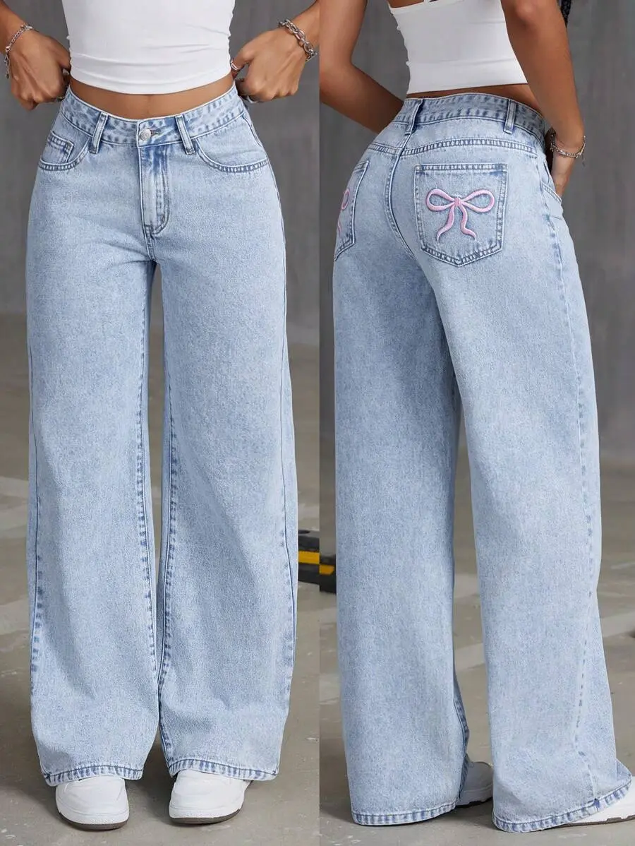 Embroidered Pink Bowknot Washed Denim Y2K Vintage Jeans - Casual Comfortable n' Baggy Everyday Womenswear Bottom Embroidery Bow Pants Feminine Fit