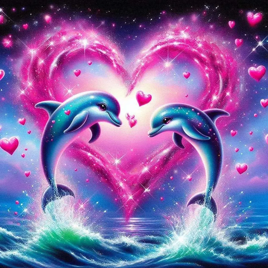 5D DIY Full Drill Round Diamond Painting - Diamond Art Kit Dolphin, Heart, Pink Mosaic, Canvas Artwork - DIY Decoration Picture, Home Wall Decor, Suitable for Halloween and Christmas, Birthday and Anniversary Gifts