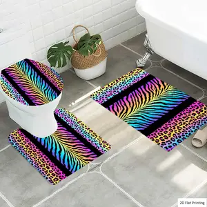 1/3Pcs Colorful Animal Print Zebra and Leopard Bathroom Mat Set, Flannel Non Slip Bath Rug, Toilet U-Shape Mat, Toilet Lid Cover, Thickened Soft Absorb Water, Microfiber Surface Memory Foam Cushion, Home Bathroo