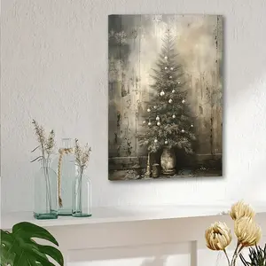 Vintage Christmas Tree Canvas Art Painting - Winter Rustic Style Wall Decoration with Recycled Wood Frame, Hangable, Home Office Holiday Gift, Reusable Christmas Decoration