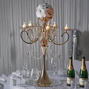 Metal Candelabra 5 Arm Design Gold with Hanging Crystal Drops - Table Centerpiece for Events 27"