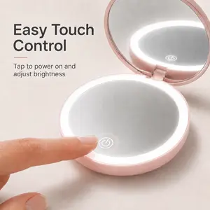 Rechargeable LED Compact Mirror, 1 Count - 2X Magnifying Travel Makeup Mirror with Adjustable Lights, Pocket Size Hand Mirror for Everyday Touch-Ups & On-the-Go Beauty