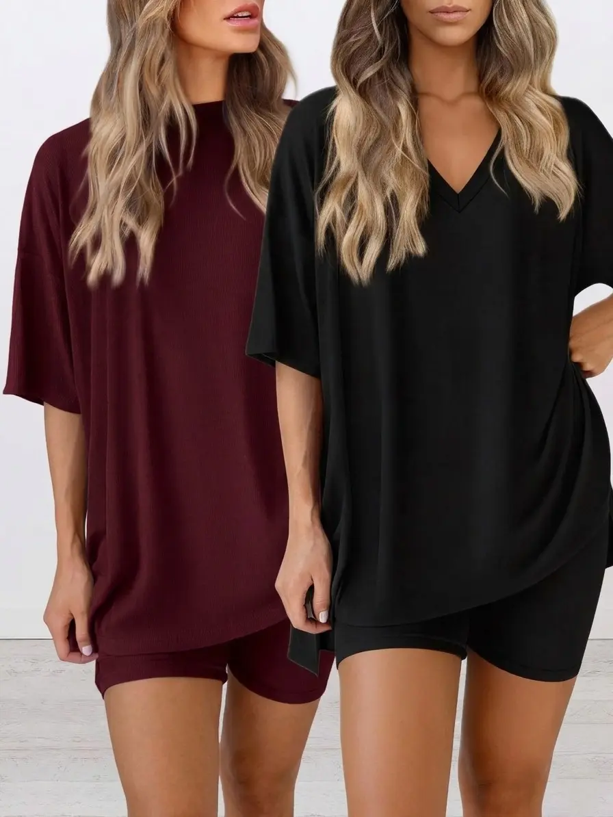 Women's Soft 2-Piece Pajama Set - Casual Summer Knitting Loungewear, Loose Short-Sleeve/Half-Sleeve Plain Polyester T-Shirt, Biker Shorts with Pockets, Machine Washable Plus Size Style Options