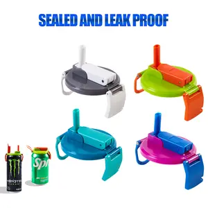 PopLid Upgraded Soda Can Lids with Straws 4 Pack 4 Colors - BPA Free, one-touch opening, more secure lid, non-slip and reusable, can open soda cans and canned foods.