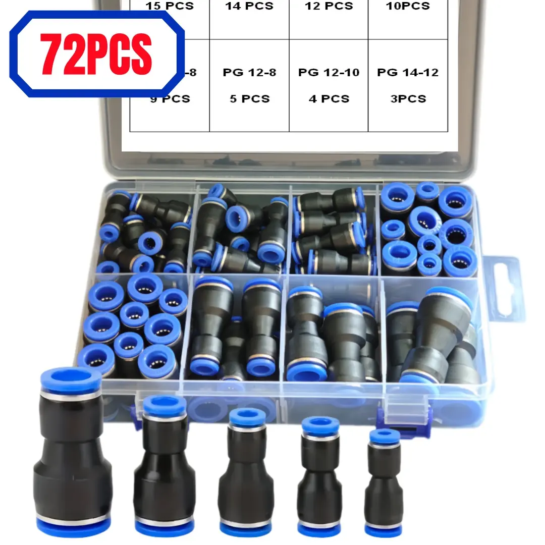 72pcs Quick-Release Plastic Air/Water Flexible Hose Fittings Kit, Versatile Hose Installation, Push-to-Connect Pressure Reducer Adapters, 6-4/ 8-4/ 8-6/ 10-6/ 10-8/ 12-8mm PG Reducers, Self-Sealing, EU/US Threads, For Pneumatic Tools, Tool Accessories