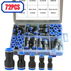 72pcs Quick-Release Plastic Air/Water Flexible Hose Fittings Kit | Push-to-Connect Pressure Reducer Adapters | 6-4/ 8-4/ 8-6/ 10-6/ 10-8/ 12-8/ 12-10/ 14-12mm PG Reducers | Self-Sealing | EU/US Threads | For Pneumatic Tools, Piping Systems & DIY Projects