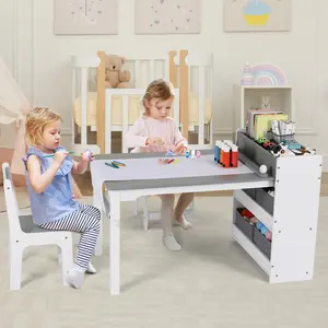 Arlopu Wooden Kids Table and 2 Chairs, Toddler Activity and Study Table Furniture,Set with 4 Storage Shelves and Paper Roll,Toddler Craft Drawing Desk,for Daycare, Game Room,Living Room