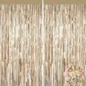 2Pack Champagne Gold Foil Fringe Backdrop Curtains Tinsel Door Streamers for Birthday Graduation New Years Eve Wedding Baby Shower Gender Reveal Disco Party Decorations