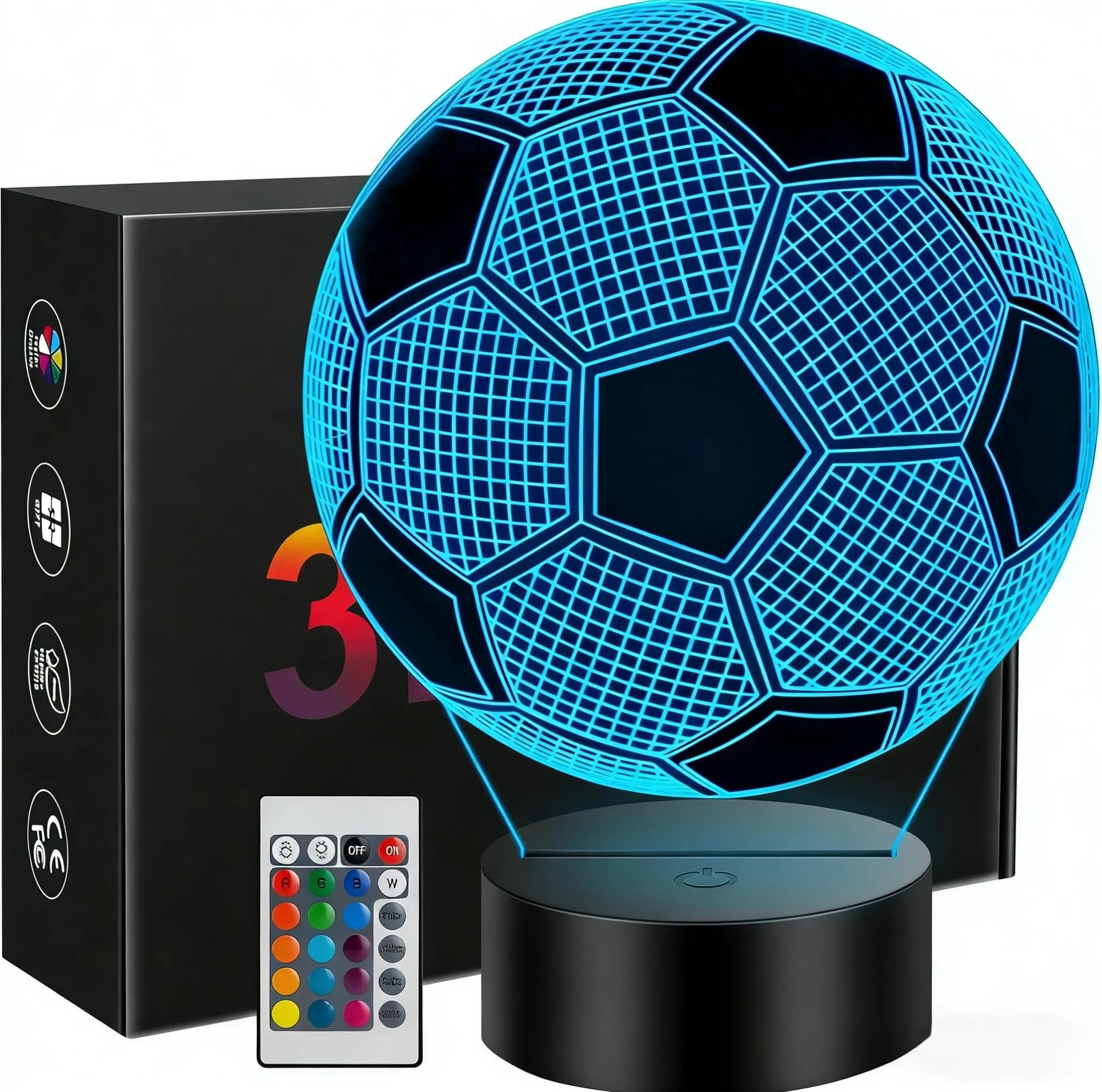 Soccer 3D Illusion Changing LED Light - Home Decor Night Light, 16-Color Soccer Ball Lamp, Stocking Stuffer & Birthday/Christmas Gift for 6-12 Year Old Sports Fans, Home Decor Light Aurora Projector Lamp Illuminated Lantern