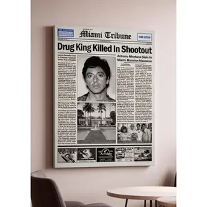 Scarface Tony Montana Newspaper Canvas Poster, Retro Miami Tribune Wall Art, Classic Movie Decor for Man Cave, Vintage Gangster Print, Home Office Wall Decor