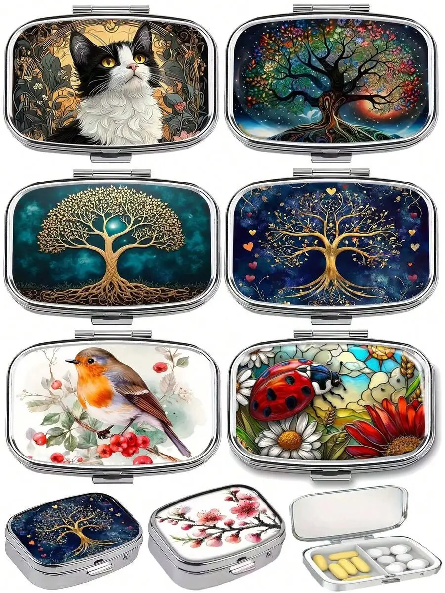 Vintage Tree, Floral, Cat, Hummingbird Pattern Round Pill Box - 3-Compartment Metal Pill Organizer Box With Musical Note Design, Convenient For Travel, Office Or Gift, Suitable For Handbag