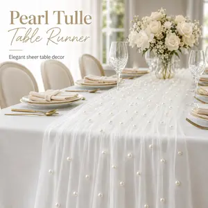 Pearl Tulle Table Runner, Elegant Sheer White Table Decor for Wedding Reception, Bridal Shower, Baby Shower, Birthday Party, Anniversary Dinner & Dessert Table