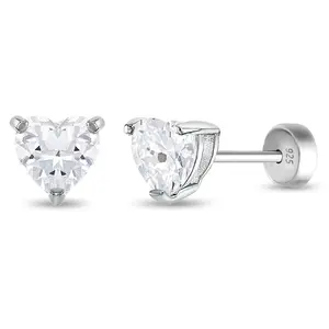 Solitaire Heart Kids / Children's / Girls Earrings Safety Push Back - Sterling Silver