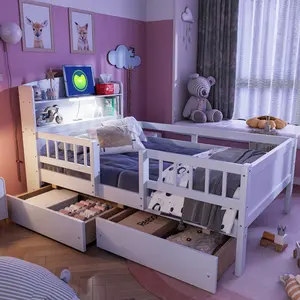 Twin Size Platform Bed with 2 Storage Drawers and LED Lights, Wood Twin Storage Bed with Multi-functional Headboard and Guardrail, No Box Spring Needed