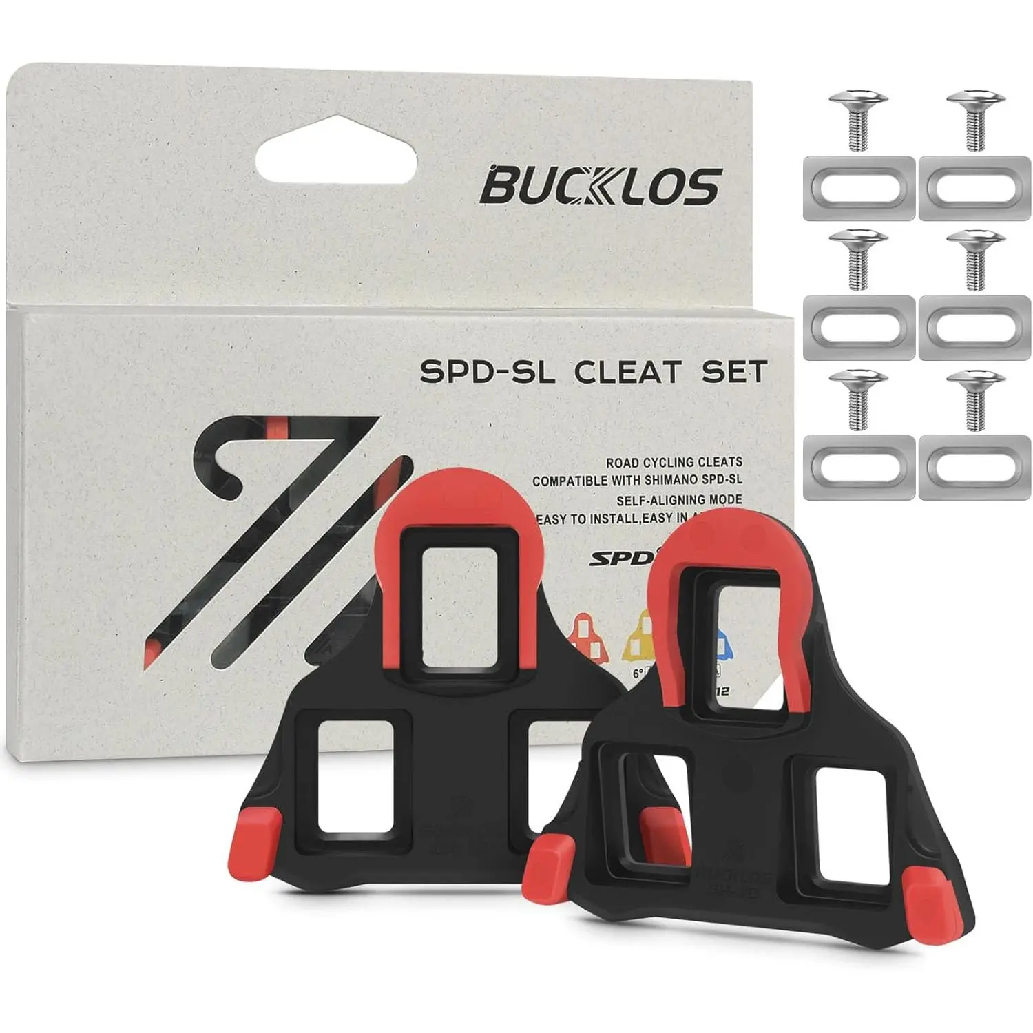 BUCKLOS Compatibility SPD-SL Compatible Road Bike Cleats Set (Set Includes 2 Cleats, 6x Screws) - 3-Hole Cycling Shoes Compatible, 0/2/6 Degree Float, Easy Install for Shimano Dura-Ace & RS550 Pedals Adjustable