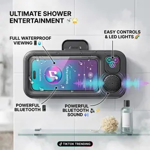 Waterproof Shower Phone Holder with Bluetooth Speaker, 360° Rotatable Wall Mount Phone Case with Touch Screen, IPX7 Waterproof Bathroom Phone Stand for Shower