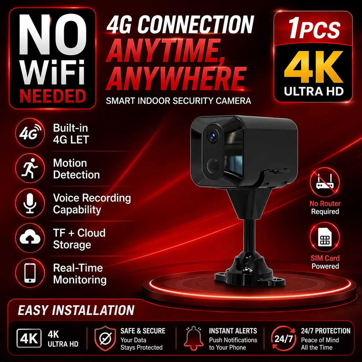 YINGWEICAM 4K, security camera, 4G LTE camera, wireless camera with infrared night vision, rechargeable battery, intelligent PIR human detection, two-way voice communication, no need for Wi-Fi, no need for power plug