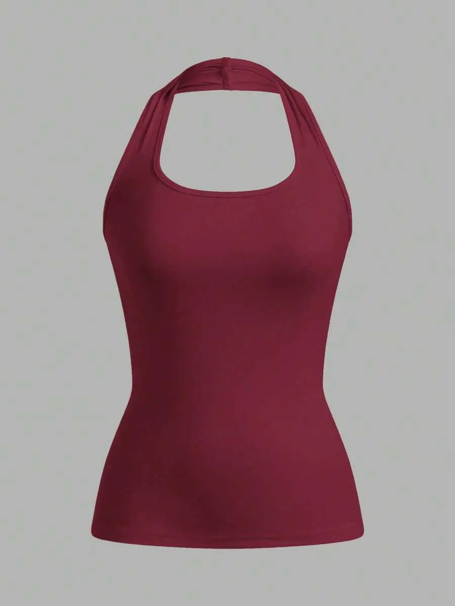 BASICS Solid Color Backless Sleeveless Halter Top Back To School