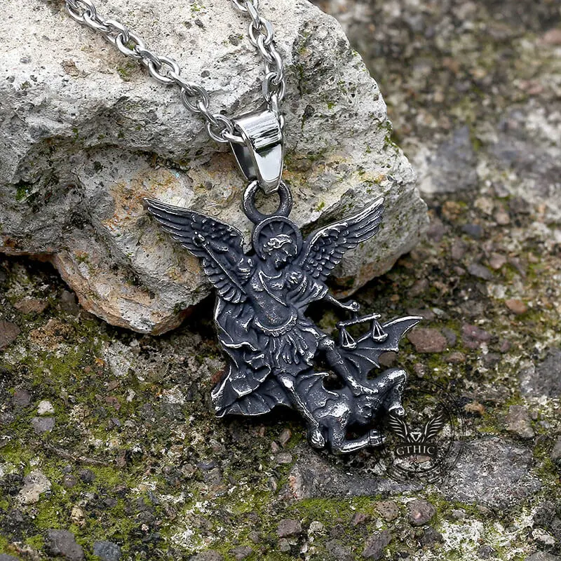 GTHIC Unisex St. Michael Archangel Stainless Steel Pendant, Gothic Jewelry with 41.6x27.9mm Size, Elegant Daily Wear Fashion Accessory for Birthday Gifting, Elegance