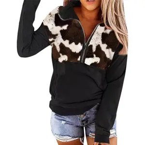 Women’s 2024 Casual Aztec Cow Print Zip-Collar Pullover Sweatshirt Western Cowgirl Ethnic Style Hoodie