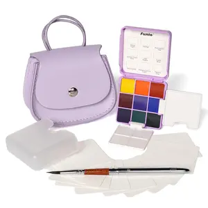 Funto Pocket Watercolor Paint Set - 9 Vibrant Colors, 2 Palettes, Mini Leather Bag, Nylon Brush, Water Cup, & Papers - Travel Friendly Art Kit for Kids & Beginners