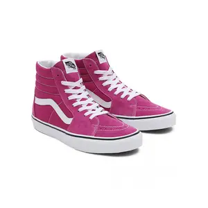 VANS Women's Fuchsia Red/True White High-Top Sk8-Hi Lace-Up Round Toe Closed Casual Sneaker - Comfortable Footwear for Walking, Sports, Training