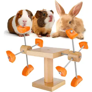 MEWTOGO Guinea Pig Toys - Wooden Enrichment Rabbit Toys with Adjustable Stainless Steel Food Holder, Interactive Bunny Foraging Feeder Toys for Chinchillas Hamster Small Animals Gifts