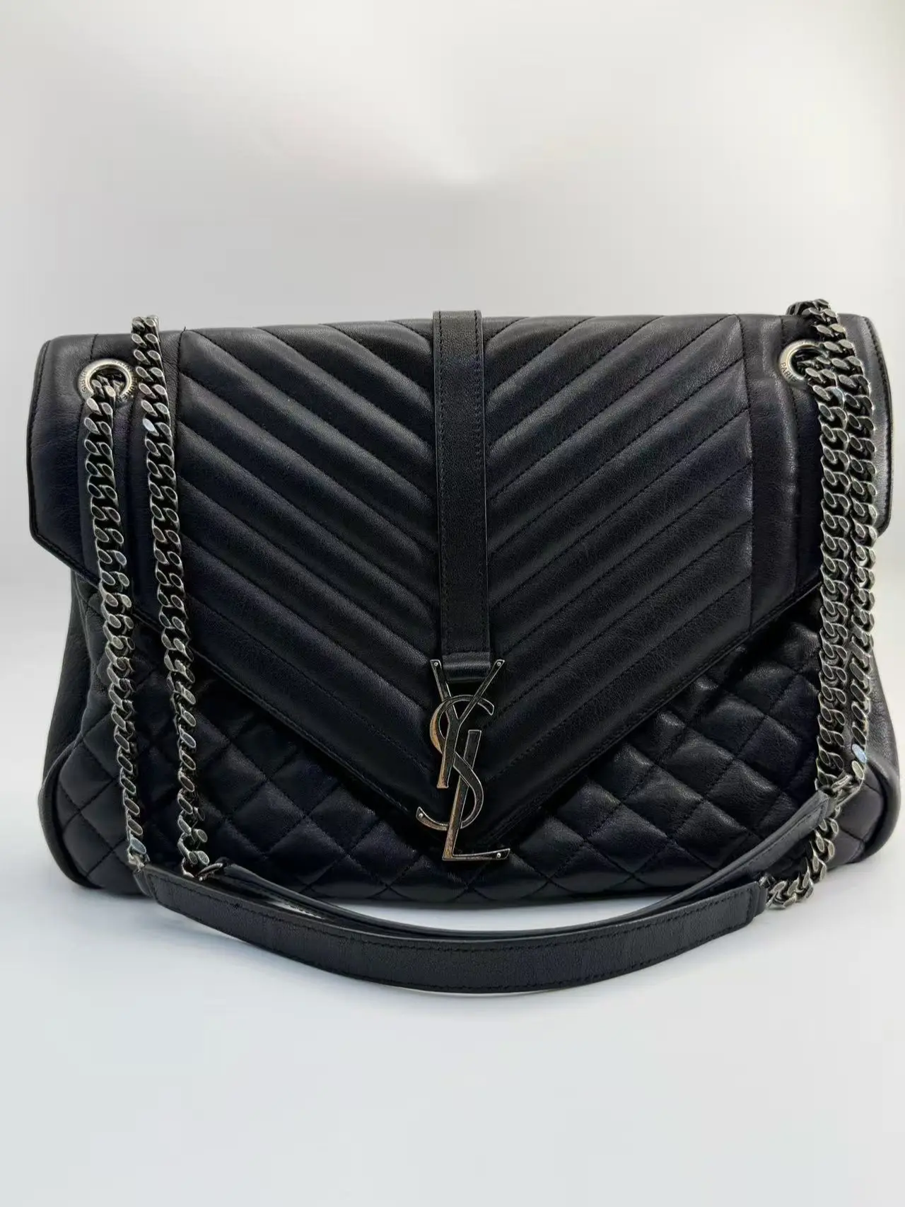 Pre-owned Yves Saint Laurent YSL Monogram Luxury Envelope Design Crossbody Shoulder Bag with Silver Hardware, Luxury Bag
