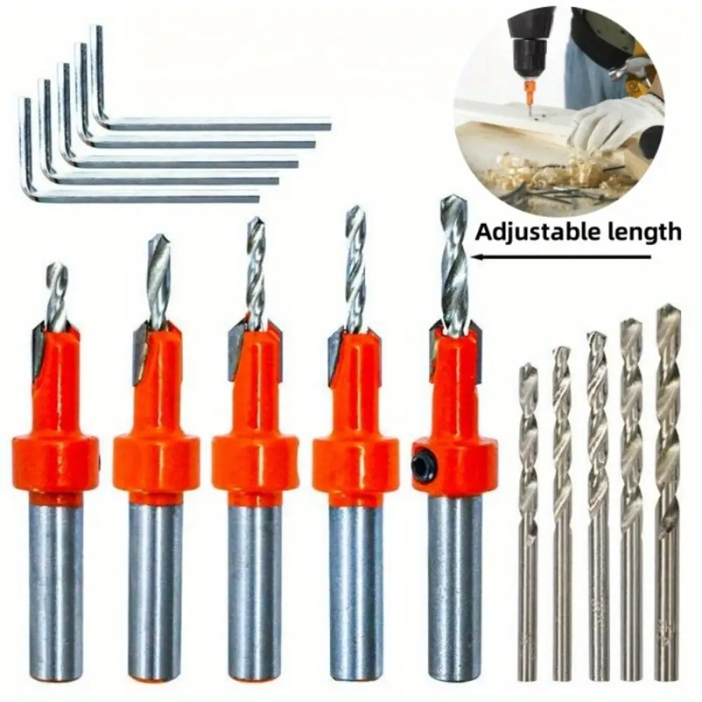 10-Piece Multi-Size High-Speed Steel & Wood Countersink Drill Set, 1/4"-Hex Shank Rotary Self-Centering Tapered Tools with Quick-Change Tips & Allen Wrench for Cycling Woodworking Pilot Screw Hole Drilling, Countersink Drill Sets, Rotary Countersink Bits