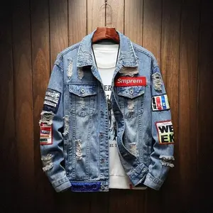 Men’s denim jacket — ripped, classic vintage slim fit, ripped, 2025 fashion embroidered trucker jean jacket; tops; casual long sleeves; blue menswear; fitted coats; spring outfits for men; Western clothing; black Gamis [Patch]; spring outfits for men
