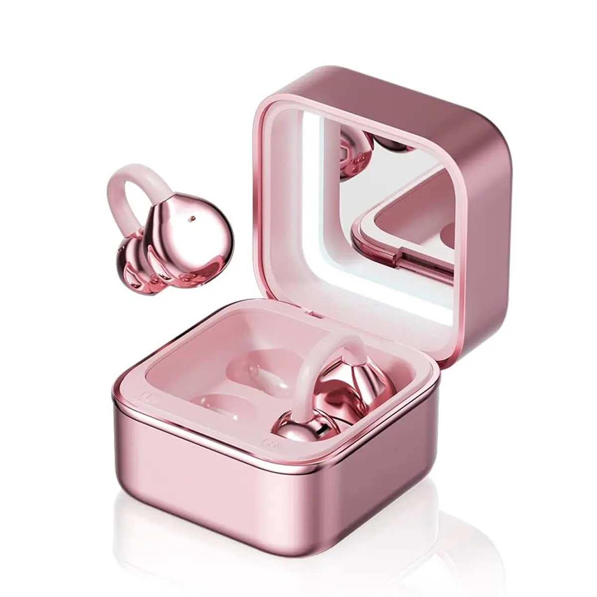 Keai M161 Clip-On Open-Earbuds Wireless TWS Bluetooth Headset - Water Resistant, Low Latency, 16.0 H & Above Battery Life, Built-In Makeup Mirror, Volume Control, Multi-Platform Compatible with Android iOS, PC & Laptop