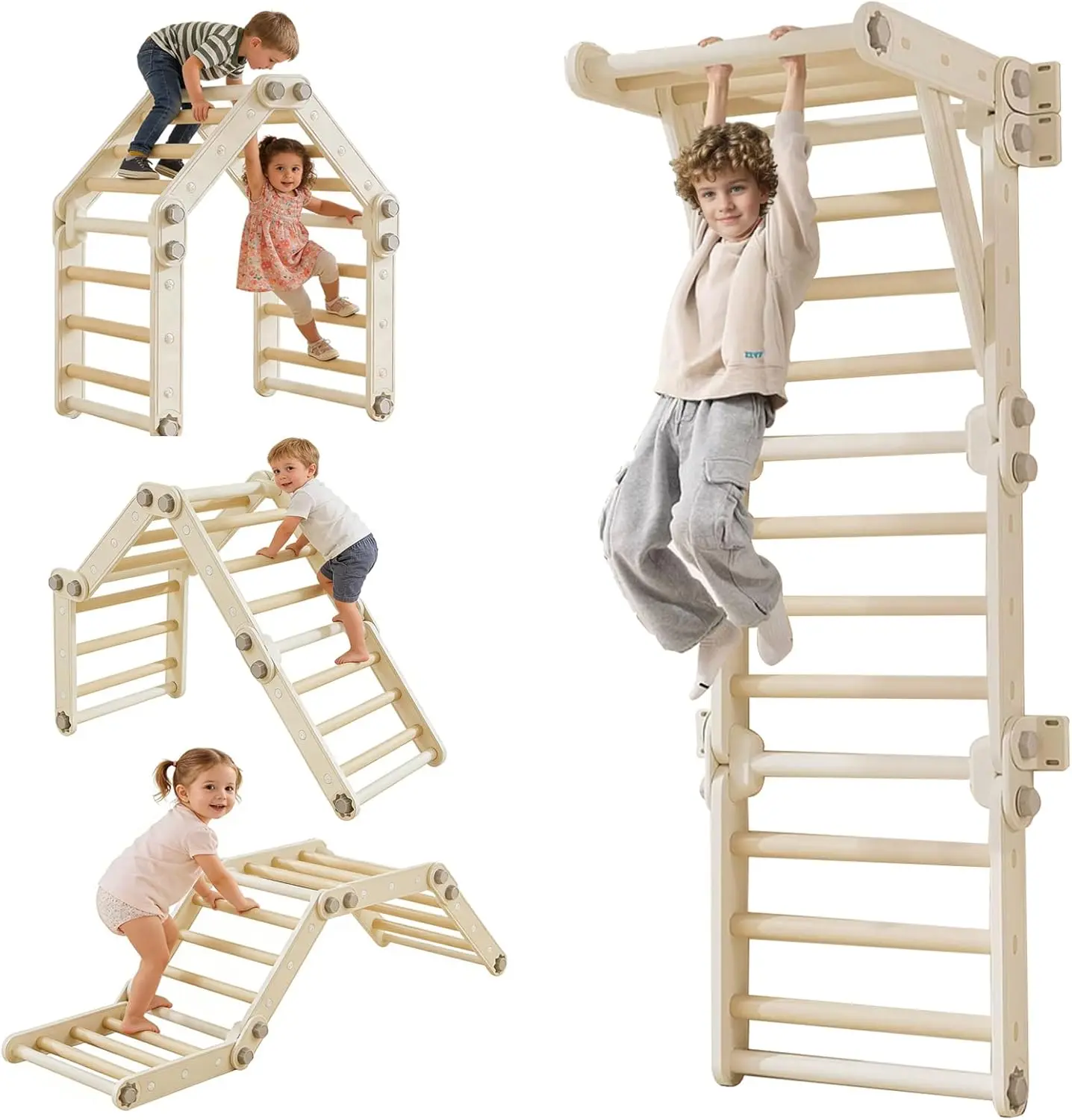 ASAPE 2-in-1 Minimalist Climbing Triangle Set, Montessori Indoor Toddler Gym with Adjustable Slide, Foldable Compact Design, Locking Clips, Smoothed Corners, 220lb Load, Boosts Motor Coordination, Cognitive Development, Growth Gift for Ages 1-6+, Concentr