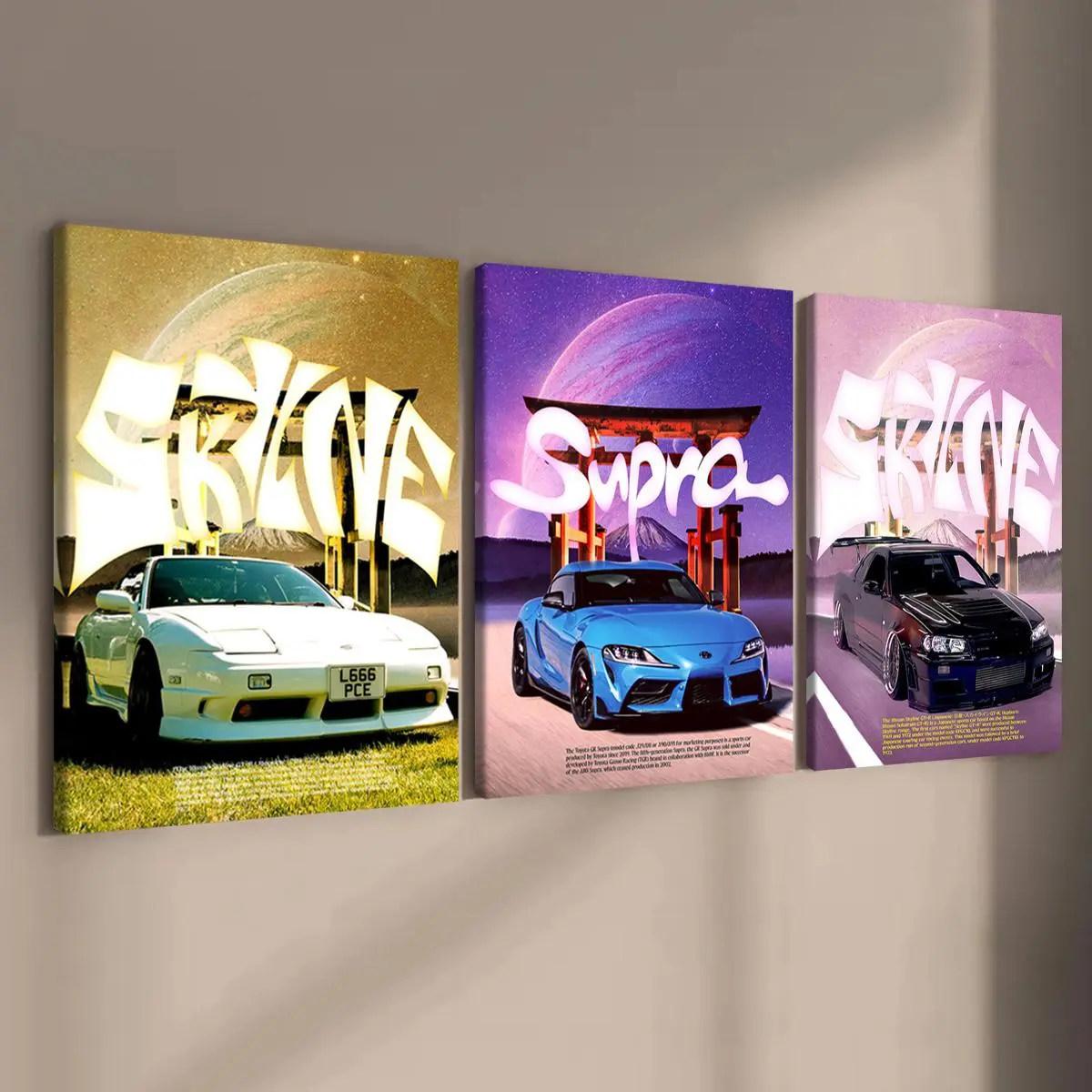 3 Counts Wooden Framed Canvas, Japanese Sports Cars Poster, Indoor Decoration, Modern Art, Modern Abstract Design, Wall Art Decoration, Odorless, Waterproof, Artwork, Artwork For Walls, Modern Home Decor