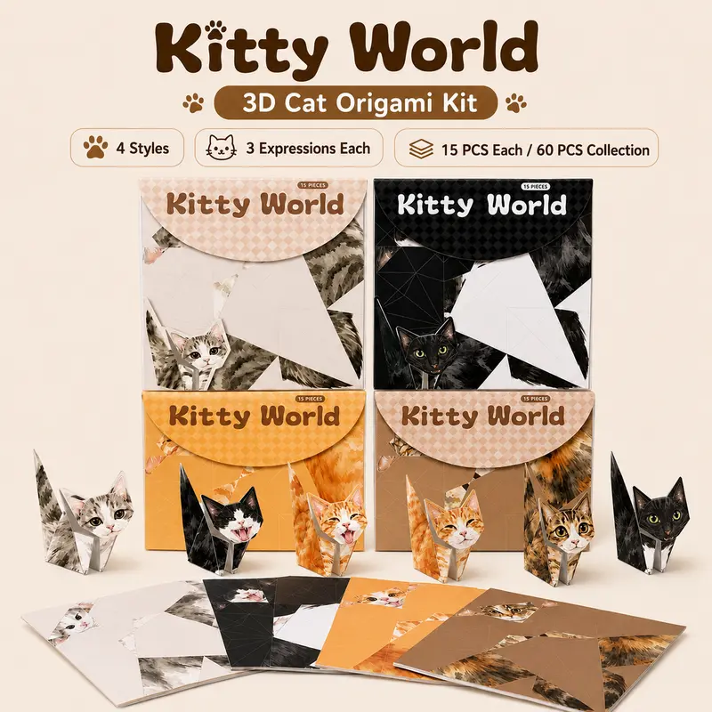 Kitty World 3D Cat Origami Kit, DIY Paper Cat Craft Set with Different Expressions & Printed Fold Lines, 15PCS/60PCS Tiny Desk Pets for Cat Lovers