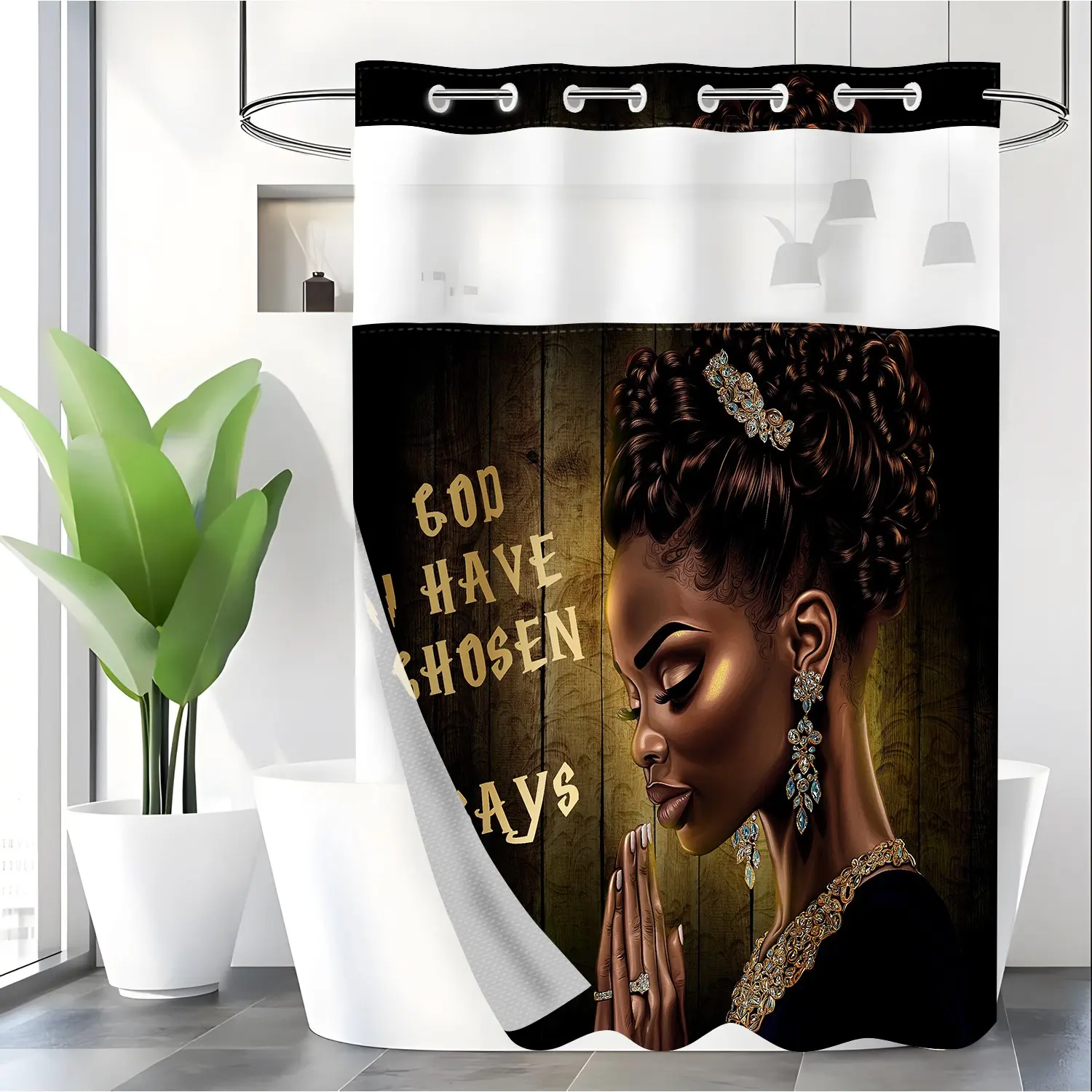 LVRLVR 1pc African American Woman Decorative Pretty Shower Curtain with Inspirational Quote Print, Sheer Top Window, Detachable Liner & No Hook C-Ring, 70.8" x 74"