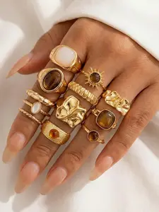 Women's Geometric Joint Ring Set, 12-Piece Unique Smooth Irregular Design Rings, Cold Style Jewelry Collection