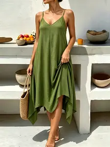 Women’s Plus Size Spaghetti Strap Casual Jumpsuit - Women's Clothes, Curvy Clothing, Minimalist V-Neck Sleeveless Pull-On, Loose Wide-Leg Flowy Silhouette with Pockets, Suitable for Beach Vacations & Everyday Wear